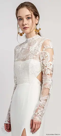 alexandra grecco 2020 bridal illusion long sleeves sheer high necklinge embellished lace bodice sheath wedding dress slit skirt cutout back cathedral train (4) zv