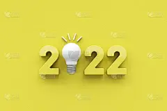 2022年创意灵感概念，灯泡创意与2022年新年黄色背景，规划创意。3 d渲染。