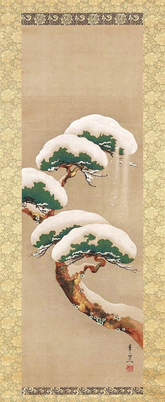 “松树和雪。”  日本挂轴。 江户时代。...