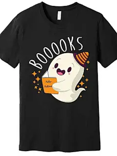 书籍幽灵万圣节可爱有趣高级t恤，有趣男士短袖图案t恤，夏季时尚潮流t恤，休闲日常服饰