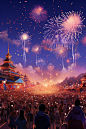 绚丽唯美新年元旦烟花盛典人群插画