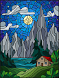 山水风景 彩色玻璃 效果 插图 风景插画风景建筑插画绘画