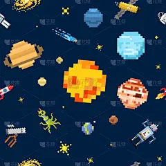 空间无缝模式背景, 外星太空人, 机器人火箭和卫星立方体太阳系行星像素艺术, 数字复古游戏风格。水星