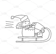 可爱矢量单线圣诞老人骑在他的圣诞雪橇或雪橇黑白手绘涂鸦斯堪的纳维亚婴儿插画贺卡，海报。颜色对儿童