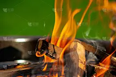 烧烤架。火焰火焰在绿草的背景。露天烧烤用火烧烤。火的火焰。