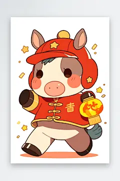 灯笼鞭炮2026年扁平化简笔画马年新插画