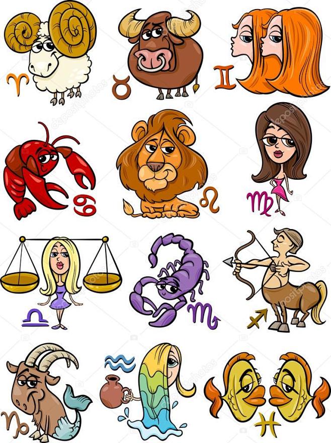 卡通插图的所有星座运势十二生肖套
