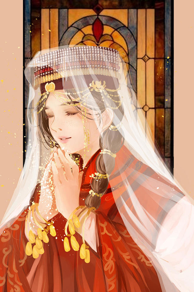 异域风维吾尔族少女插画ps教程蓝铅笔