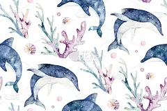 海洋动物蓝色水彩海洋无缝图案鱼，海龟，鲸鱼和珊瑚。壳牌水族馆背景。航海海星海洋海豚插图