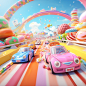 Three cars racing on the track, cartoon 3D, Bubble Mart style, Kawaii aesthetics, racing game, the feeling of rushing out of the screen, not anthropomorphic