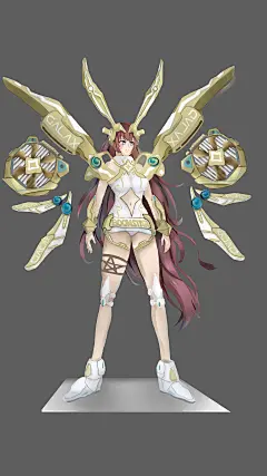 设计元素参考：火箭，太空，兔子，摩托车，主板，显卡，飞行器，星。
主要颜色搭配：金，白（符合星曜的logo色调）
设计理念：高效，快速，科技走在时代的尖端
设计说明：肩部盔甲参考摩托车外形；星曜显卡插在飞行器，使星女郎飞的更快更高