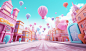 3d digital city with buildings and balloons 3d illustration, in the style of rococo pastel colors, candycore, advertising-inspired, stage-like environments, rendered in cinema4d, wide angle lens, pink and cyan