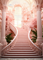 a 3d illustration of a staircase in an old palace, in the style of light pink and light crimson, tropical landscapes, rococo-inspired, light red, contemporary candy-coated, bold yet graceful, romanticized views