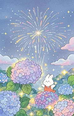 蜡笔风，手绘插画，可爱的小兔子开心的放烟花，发光，在巨大的绣球花下，，周围被大朵的绣球花簇拥围绕，星空，云朵，星星发光、艺术家Yeoniu Choi风格，简笔画，卡通，线条勾勒，可爱温馨，治愈系画风格