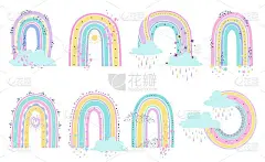 卡通彩虹。斯堪的纳维亚彩虹的心和星星在柔和的颜色。元素为幼稚的图案，壁纸和贴图向量集