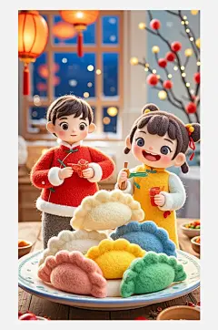 立冬海报设计羊毛毡3D卡通餐盘上