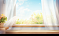 open window in the day time with white curtains, wooden wall and, in the style of motion blur panorama, tranquil gardenscapes, 32k uhd, light amber and sky-blue, lively tableaus, studyplace, misty atmosphere