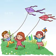  春天放风筝   - 源文件下载【酷图网】手绘,小孩,春天,放风筝,插画,元素,