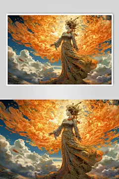 AI数字艺术手绘女孩国潮风孔雀插画
