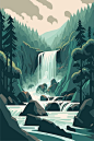 瀑布森林风景自然景观插画矢量图设计素材
