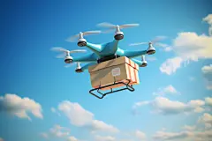 螺旋桨无人机运送快递包裹物资摄影图