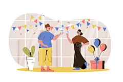 图源免费EPS文件 |家庭聚会网页角色概念。男人和女人庆祝节日，在有装饰的房间里喝酒、尽情玩乐的孤立场景，人物平面设计矢量插图