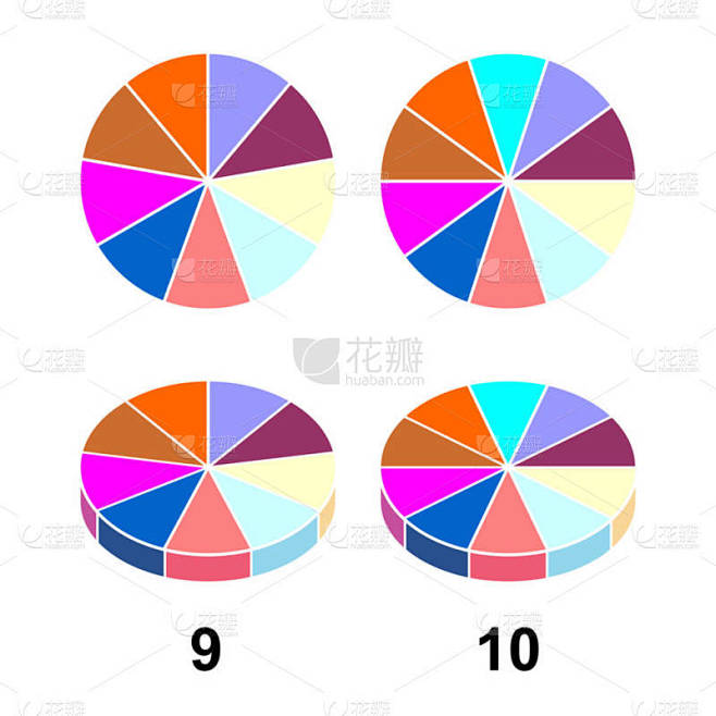 2d 3d 分数饼。在白色背景上隔离的网站展示封面海报平面轮廓图标的分数。