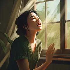 (4/4)一个女孩站在窗边，像Sandra Tang一样，庆祝大自然的欢乐，阳光洒在上面，超现实主义肖像，柔和梦幻的氛围，绿色，迷人的素描(AI绘图来自WeDraw.art)