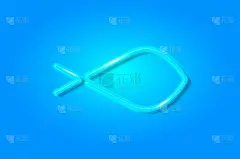 鱼，基督教鱼发光的3D符号，卡片模板上的蓝色背景。矢量图