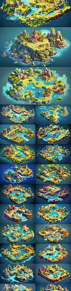 AI卡通海岛场景设定素材 Q版游戏岛屿场景建筑美术资源 插画设计