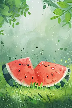 AI数字艺术夏季吃西瓜卡通插画