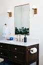 Inspiration for a small contemporary blue tile and porcelain tile porcelain tile and beige floor bathroom remodel in Los Angeles with dark wood cabinets, white walls, an undermount sink and quartz countertops