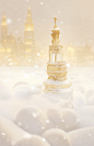 a small statue sits on top of a pile of snow, in the style of light gold and gold, dazzling cityscapes, rachel whiteread, elizabeth gadd, clockpunk, festive atmosphere, subtle ink application