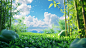 A 3D rendering in an interesting cartoon animation style, featuring green and blue, sky blue and white, short green lawns, a few bamboo sticks, original color palette, wide angle, Panorama，high-quality 8k, c4d, OC renderer