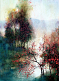 西方油彩与东方水墨技法的巧妙融合，把湖上秋色的朦胧通透描画得淋漓尽致。| 水彩画家Z.L. Feng