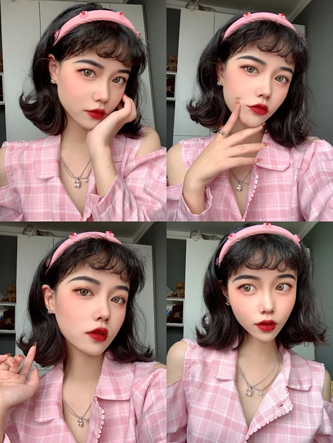 今日短发发型自拍俏皮甜心妆粉红女郎是我