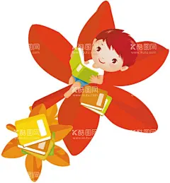 卡通少年读书  - 源文件下载【酷图网】卡通少年读书,花朵少年,卡通儿童,卡通书香,读书,卡通男孩,