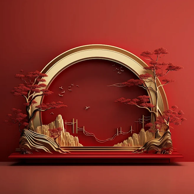 在中国画的样式，与金框架，平的背景，3d...