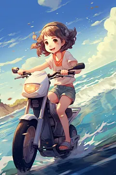 骑车蓝天白云骑电动车的男孩女孩插画