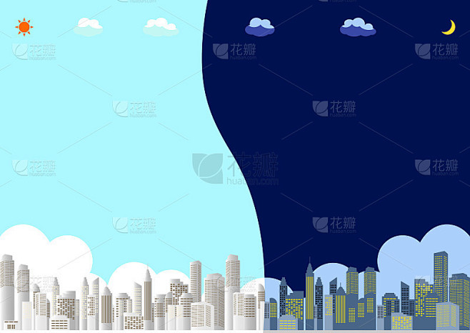 白天和晚上的城市景观插图