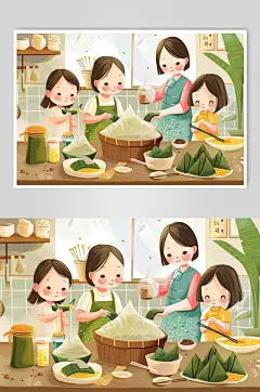 AI数字艺术端午节包粽子人物插画