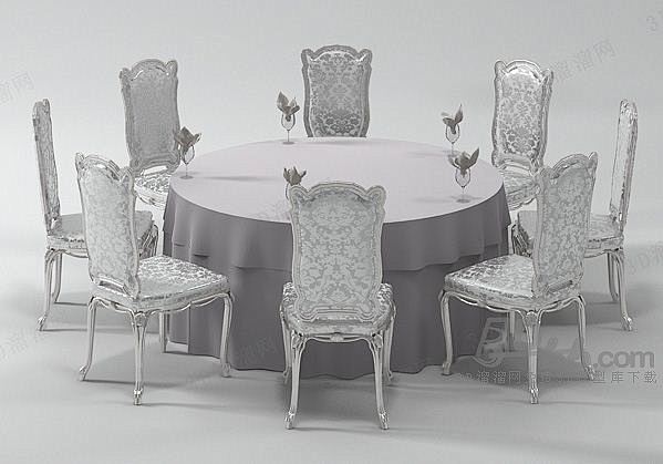 欧式经典浅紫色台布圆形餐桌银色印花雕刻餐...