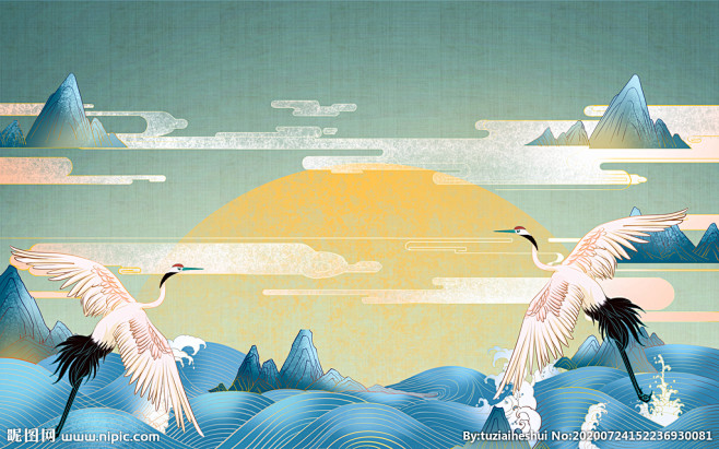 仙鹤传统国风古风插画背景素材
