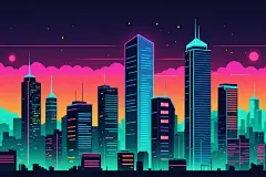 卡通手绘霓虹城市建筑风景插画