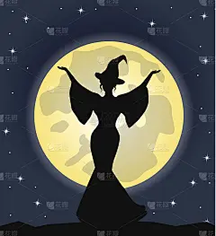 美丽的女巫站在月亮的背景