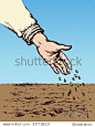 Old person's palm manual give scatter small corn plant on fertile humus eco area. Freehand bright color drawn picture symbol sketch in art doodle style. Closeup view with space for text on sky