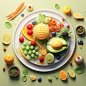 a plate with a breakfast with fruit, in the style of realistic and hyper-detailed renderings, cartoonish character design, avocadopunk, soft color fields, grid-based, photobashing, children's book illustrations