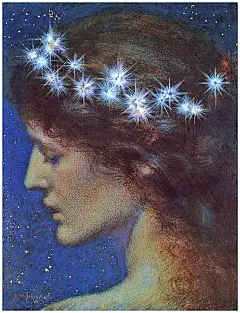 Night (2)爱德华·罗伯特·休斯Edward Robert Hughes（1851-1914）英国画家，他是第二代拉斐尔前派艺术家中备受尊敬的人物。休斯与他的同时代人一样受到拉斐尔前派影响并继续实践，关注现实主义和鲜艳色彩的品质。休斯保持着这些传统，并喜爱浪漫和象征性的主题，直到二十世纪。他的作品具有文学性与神话性，以绘画语言表现朦胧的意境，充满神秘的感觉。他的那些作品如飘渺虚无的星际世界，日月星辰，星球中的星际美人，迷蒙而淡雅，有一种难以言说的感觉。他的画已经脱去前拉菲尔一代画人的铅华与艳丽，画面