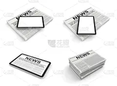 白色背景上的报纸和平板电脑。新闻页面模板的空白。