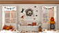 万圣节室内设计，客厅里有骷髅坐在白色调的沙发上。秋天景色的全景窗。宴会装饰，现代斯堪的纳维亚风格照片摄影图片
